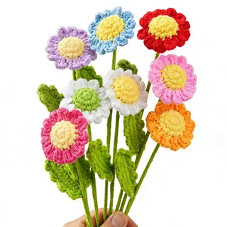 Gehäkelte Blumen,5PCS Häkelblumen,Handgefertigte Gestrickte Häkel Blumenornamente Künstliche Blume für Muttertag Mädchen Geschenk Hochzeit Bouquet Jahrestag Valentinstag Frauen Tag (Gänseblümchen)