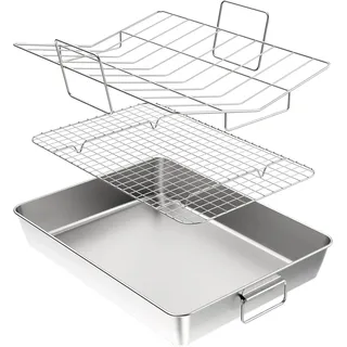 41cm super Große Grill- und Auflaufform mit Rost und V-Form Gitterrost, Yoassi Edelstahl Rechteckig Grillschale Bräter mit Griffen für Hähnchen, Robust & Gesund & Spülmaschinenfest, 3-Pack