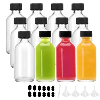 YBCPACK 12 Stück Kleine Flaschen zum Befüllen 60ml Mini Shot Glasflaschen mit Trichter, Etiketten und Stift, Perfekt für Ingwer, schnaps, Likör und andere drinks