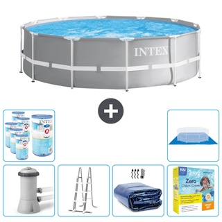 Intex Round Prism Frame Swimming Pool – 366 x 99 cm – Grau – inklusive Pumpe – Leiter Sonnensegel - Wartungspaket - Filter - Bodenplane
