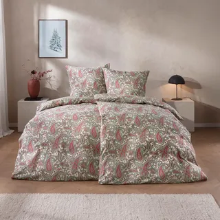 Estella Feinflanell Bettwäsche Lagundo leinen 155x200 cm + 80x80 cm - beige;rot;grün