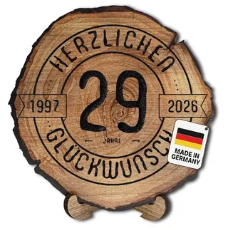 Holzscheibe 29 Jahre Geburtstag, Glückwunsch-Schild, Baumscheiben-Optik, Ø 30 cm, HDF-Platte 6 mm