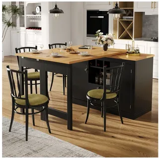 Celya Kücheninsel Bartisch mit 360° Drehfunktion und Stauraum, (Ausziehbar von 120-180 cm, mit verstellbaren Fächern und Weinregal) schwarz