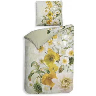 Heckett & Lane GOTS Satin Bettwäsche 155x220 Daly Quiet Green Blumen gelb Weiss