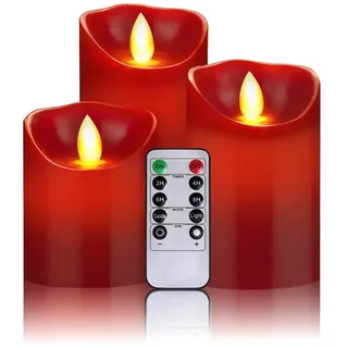 OSHINE LED Kerzen Flammenlose Kerzen:300+ Stunden Dekorations-Kerzen-Säulen im 3er Set 10-Tasten Fernbedienung mit 24 Stunden Timer-Funktion (3 * 1, rot)