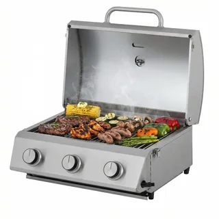 Tarrington House Tisch-Gasgrill CATHAN, 3-Brenner-Gasgrill, Grillrost edelstahl. Stahl/Edelstahl, Tischgrill für Outdoor, Balkon, Camping, silber