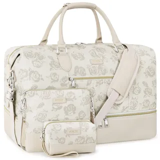 Weekender Bag für Damen, Reisetasche, Handgepäck, Übernachtungstasche, mit Schuhfach, groß, Nylon, Reise-Wochenend-Tragetasche, 4 beigefarbene Blumen, L, Weekender Bag für Damen, Reisetasche,