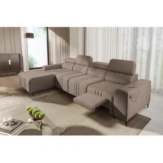 All4All Ecksofa mit Schlaffunktion Fabio XII Mix 340 cm x 183 cm - Eckcouch mit Bettkasten - Wohnlandschaft in L-Form - Modern - XXL Sofa mit Fußhocker - Seite Links - Hellbraun - Easy Clean Stoff 26