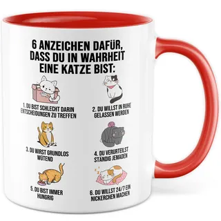 Lustige Tasse Katzen Kaffeetasse Humor Kaffee-Becher mit Spruch Katze Witz 6 Anzeichen dass du eine Katze bist Witz Katzenmama Geschenk Geschenkidee für Katzenliebhaber (Weiß/Rot)