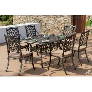 OUTFLEXX Cambridge Garten-Essgruppe mit 6 Stühlen, bronze/khaki/schwarz, Gussaluminium/Polyester, Tisch ca. 150 x 90 cm