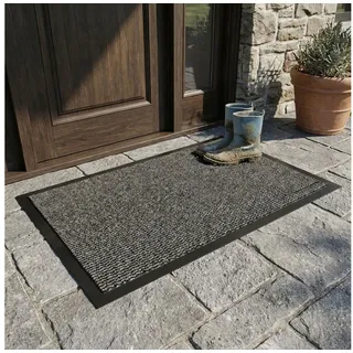 HELLSER Fußmatte für Außen & Innen gestreift – Schwarz-Grau & Schwarz-Braun bis 150cm, Flach & Leicht zu reinigen – Schmutzfangmatte für Haus, Terrasse, Flur grau|schwarz 90 cm x 60 cm