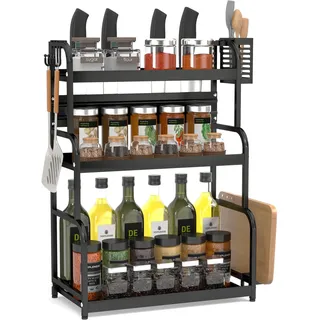 FEXPLENDID küchenregal arbeitsplatte, 57.5x44x21cm, gewürzregale für arbeitsplatte küche, Stahl, gewürz organizer, gewürzregal stehend, tischregal für Küche, Büro, Waschraum(3-Lagen schwarz)