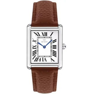 S&T DESIGN Herren Quarzuhr Vintage Rechteckig – Braun, Römische Zahlen, Kunstleder - Braun