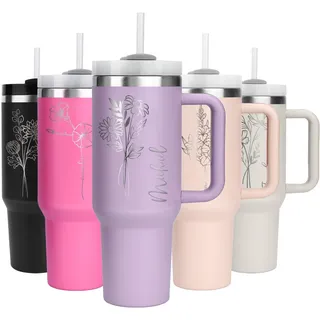 WALLFID 40oz Thermobecher personalisiert – Edelstahl Becher mit Initiale oder Geburtsblume, mit Namen & Wunschtext, Henkel, Deckel & Strohhalm, kompatibel mit Stanley Cup (Monatliche Blumendesign)