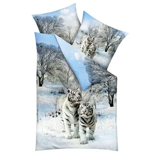 JACK Bettwäsche Schnee Tiger Raubkatze Winter Schnee Kaeppel, Satin, 2 teilig, hochwertiger Digitaldruck, elegantes Schneetigermotiv, Baumwolle weiß