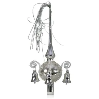 Lauschaer Glas Christbaumspitze Weihnachtsbaumspitze mit klingenden Glöckchen, mit Leonischem Draht, mundgeblasen, handdekoriert, handbemalt, in Lauscha hergestellt silberfarben