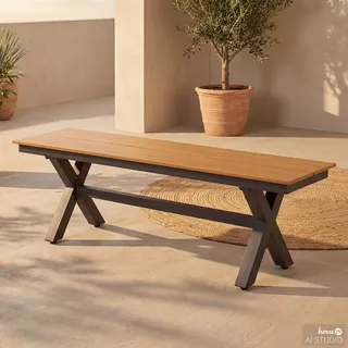 home24 Gartenbank ohne Rückenlehne, aus pulverbeschichtetem Aluminium mit Kunststoff-Sitzfläche in Holzoptik, Schwarz-Braun, Wetterfest & pflegeleicht, für Balkon, Terrasse & Garten, 140 cm