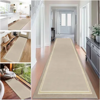 Teppich Läufer Flur Lang Küchenteppich 90 x 250 cm Beige Teppichläufer Flur rutschfest Küchenläufer Waschbar Flurläufer Eingangsteppich Korridor Teppich Läufer für Küche Wohnzimmer Schlafzimmer