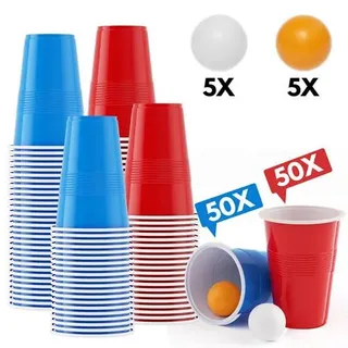 Beer Pong Partyspiel Set mit 100 Bechern und 10 Bällen, rot-blaue Becher 500 ml, Geschicklichkeitsspiel für Gartenparty, Studentenparty & Feiern