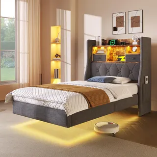 Merax Polsterbett 90x200cm mit LED und Ladestation, Modern Schwebebett mit Stauraum-Kopfteil, Einzelbett Bettgestell mit stabiles Holz Lattenrost & Metallbeine, Jugendbett, Leinen, ohne Matratze, Grau