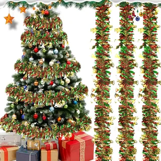 DERAYEE 10m Weihnachtsgirlande,Tannengirlande,Türkranz für Innen- und Aussenbereich Dekoration(Rot & Grün & Gelb)
