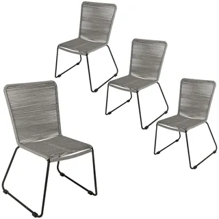 Loreno 4er Set Outdoor Seilstuhl ISRA, Grau, stapelbare Gartenstühle | Graue Seilbespannung aus Polyester, schwarzes Eisen-Gestell, Modernes Rope Chair Design für Garten, Balkon & Terrasse
