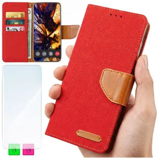 Brieftaschenhülle für Oppo Find X9 Pro - Rote Canvas-Hülle + Glas
