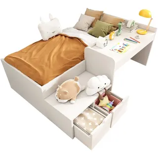 SeedWave Holzbett Kinderbett mit Schreibtisch, 2 Staubschubladen, Halbhochbett 90x200 cm, Inkl. Eckenschutz, Filzpads für Bodenschoner weiß