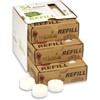 Candelo 54er Set Refill Eco Kerzen Ambiente - Teelichter ohne Hülle zum Nachfüllen - Wachsrohlinge Weiß - Plastikfrei ohne Duft - 6 Std. Brenndauer