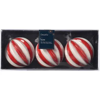 Christmas Decorations 3 Weihnachtskugeln 8cm Glas mit Glitzer Streifen Motiv Christbaumkugeln rot weiß