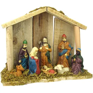 Krippe XXL aus Holz, incl. Figuren, mit Moos verziert, 20x16x6,5cm