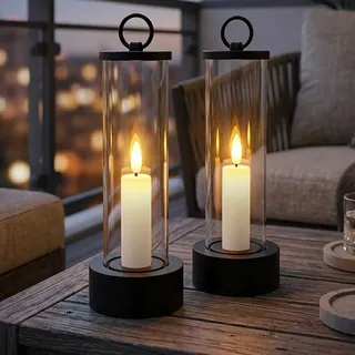 Spetebo LED-Kerze Outdoor Kerze im Glas mit Flammen Effekt und Timer (Set, 2-tlg.,1 Stück), Tischkerze im Windlicht 20 x 7 cm für Außen