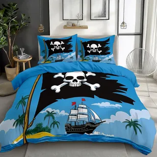 Bettwäsche Set 135 x 200 cm Piraten Totenköpfe Segelboote Bettbezug 3 teilig Weich Mikrofaser Bettwaren, Pullover Blau Bettwäsche-Set für Kinder Teenager ReißVerschluss Mit 2 Kissenbezug 80x80 cm