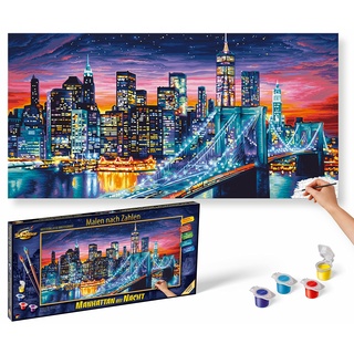 Schipper 609220862 Malen nach Zahlen - Manhattan bei Nacht - Bilder malen für Erwachsene, inklusive Pinsel und Acrylfarben, 40 x 80 cm