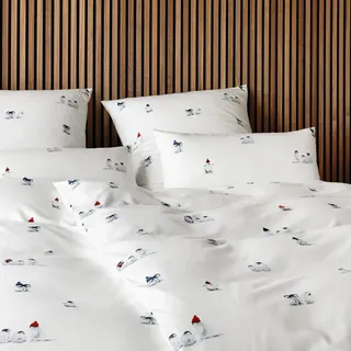 elegante Soft-Flanell Bettwäsche Pinguin Party schneeweiß 160x210 cm + 65x100 cm - weiß