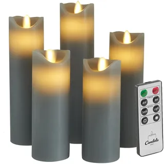 Candela Lights LED Kerzen 5er Set Stumpenkerze grau Echtwachs mit Fernbedienung Timer Funktion & mehrstufig dimmbar bewegliche Flamme Echtwachskerzen