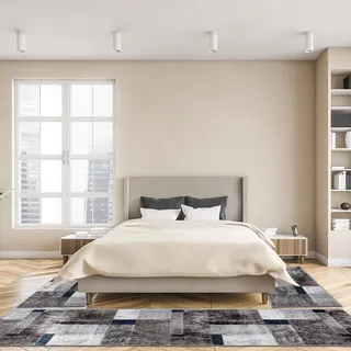 oKu-Tex Bettumrandung Set 3-teilig [67x340 cm | 2 mal 67x140 cm] Blauer Bettvorleger, meliert - weicher Kurzflor pflegeleicht - Teppich Schlafzimmer - Geometrisches Patchwork Design - Deutsche Marke