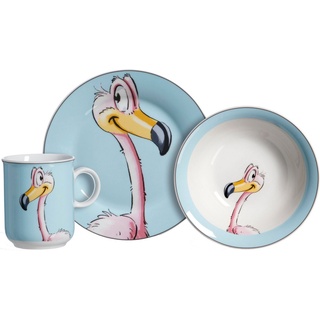 Ritzenhoff & Breker Kindergeschirr-Set Happy Zoo, Flo (3-tlg), 1 Personen, Porzellan, mit Flamingo-Dekor, 3 Teile, für 1 Person bunt