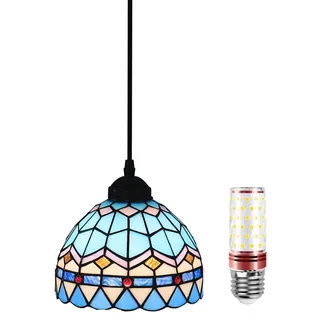 Uziqueif Lampen Hängend, Tiffany Mediterran Style Hängelampe, 8 Zoll Vintage Pendant Light, Glas Lampenschirm, Höhenverstellbar, Pendelleuchten für Esstisch Küche Flur Schlafzimme Wohnzimmer
