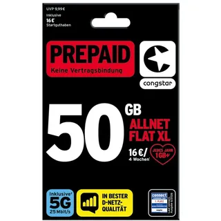 Congstar Prepaid ALLNET XL SIM-Karte ohne Vertrag I 55 GB Datenvolumen | Flatrate für Telefonie SMS Flat in alle deutschen Netze I EU-Roaming