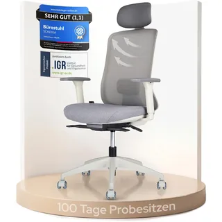 SCHEKKA ErgoPrime PRO Bürostuhl ergonomisch TESTSIEGER - IGR Zertifiziert - Schreibtischstuhl 100% individuell einstellbar - Home Office Chair Drehstuhl - Bürostuhl 150 kg Grau