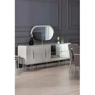 JV Möbel Anrichte mit Spiegel Sideboard Kommode Holz Holzschrank Weiß Design