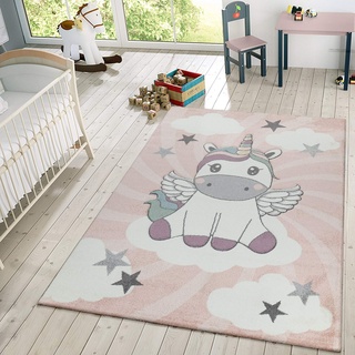TT Home Kinderteppich Mädchen Spielteppich Niedliches Einhorn Wolken In Rosa Weiß Lila, Größe:200x290 cm