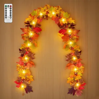 Vartegas Herbstgirlande Ahornblätter LED Lichterkette mit Timer & Fernbedienung, 1.75m 50 LED Herbst Lichterkette IP65 Wasserdicht 8 Beleuchtungsmodi Deko Drinnen Draußen Dekoration (B)