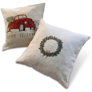 Loberon Kissenhülle 2er Set Camon, nostalgische Prints, Adventskranz/Auto mit Weihnachtsbaum, weihnachtliche Textilien, Weihnachtsstimmung, Weihnachtsdeko, Weihnachten, Leinen, beige/rot