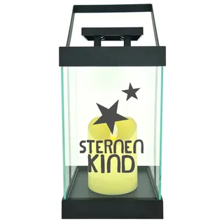 WB wohn trends Edle Glas-Laterne mit LED-Kerze, Sternenkind Sterne Trauer, Timer, 35cm hoch mit Bügel, 24,5x13x13cm, Batterie LED-Licht LED-Laterne LED-Lampe mit Text Spruch Trauer-Licht