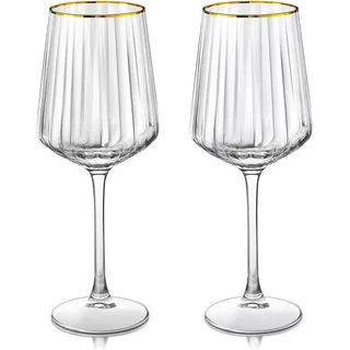 Joeyan 560ml Goldrand Weingläser 2er Set, Kristall Gerippte Rotweingläser | Handgefertigte Gold Rimmed Weißweinglas,Kelche Groß Bauchig mit Stiel,Geschenke für Hochzeitstag Jahrestag Geburtstag Party
