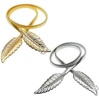 XLKJ 2 Stück Taillengürtel Damen, Blattform Taille Gürtel, Stretchy Dünne Gürtel, Vintage Damen Dünner Metallgürtel Hüftgürtel für Hochzeiten Valentinstag Familientreffen Weihnachtsfeiern Gold+Silber