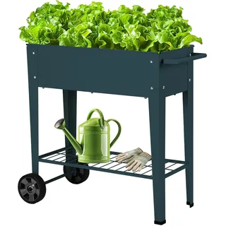 AGENQI Hochbeet Metall mit Rädern und Ablage 84.5 x45x80cm, Blumenkasten Frühbeet Kräuterbeet Pflanzenbeet, Gemüsebeet Gartenbeet Blumenkübel für Balkon,Garten,Petrol blau