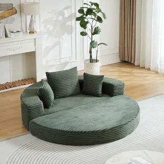 Ein Vielseitiges Zwei-in-eins-schlafsofa, Ideal Für Kompakte Wohnräume, Das Sowohl Als Halbrundes Sofa Als Auch Als Rundes Tagesbett Genutzt Werden Kann. Die Armlehnen Sind Mit Stofftaschen